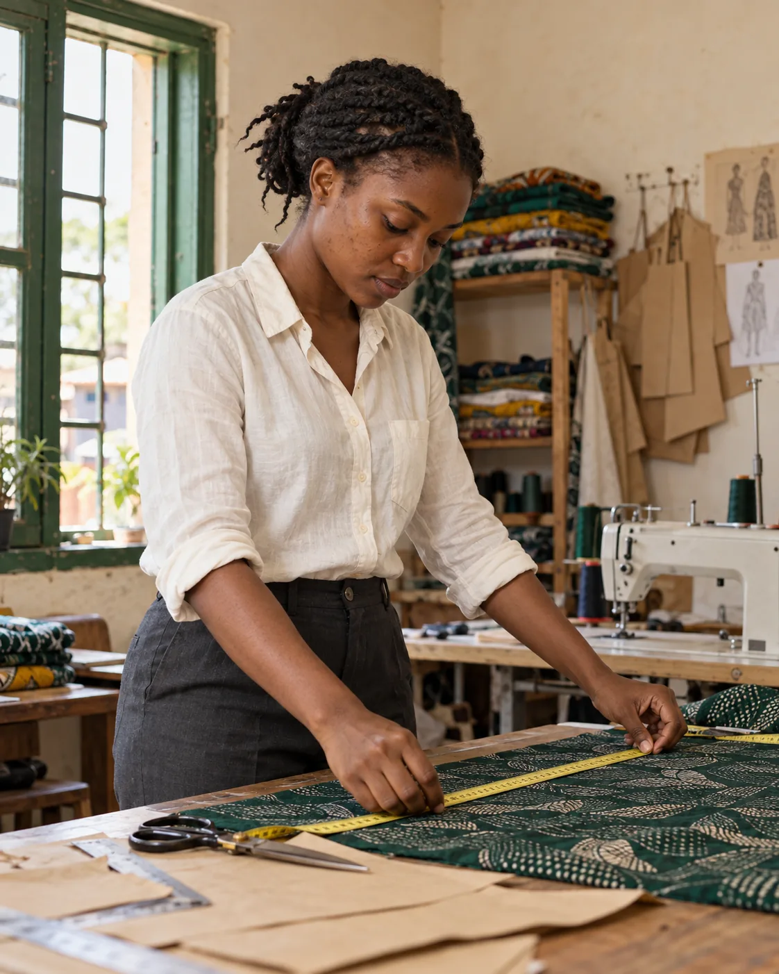 Une jeune couturière mesure un tissu sur la table de coupe de son atelier.