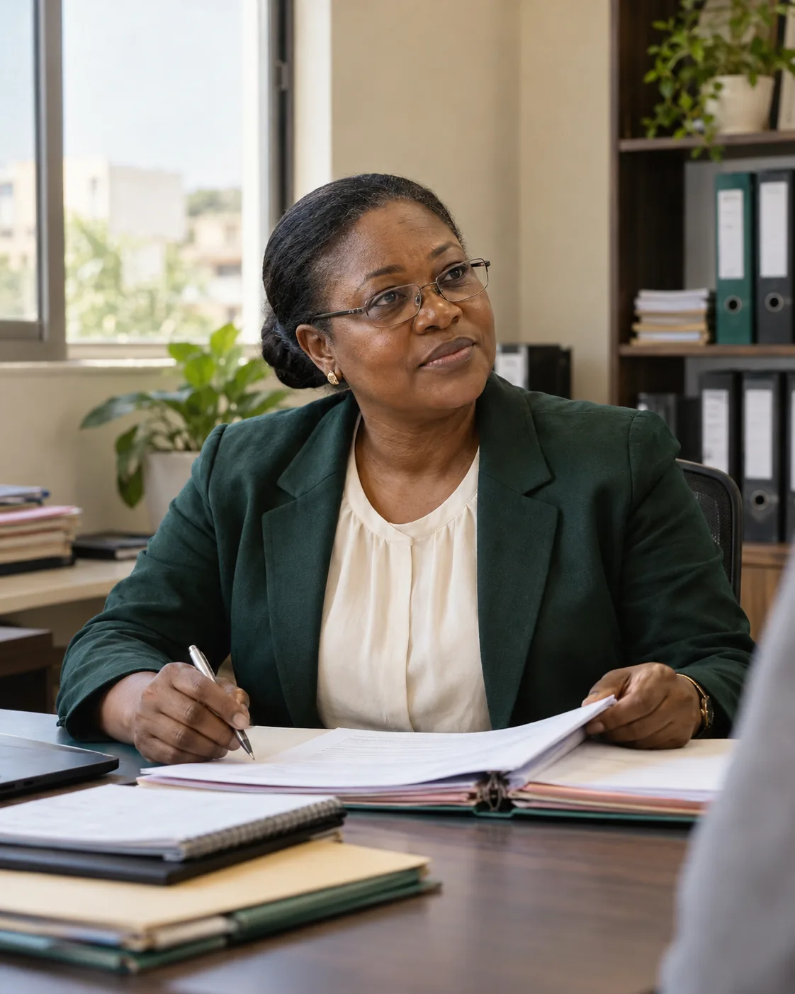 Une femme annote un dossier à son bureau, dans un cabinet.
