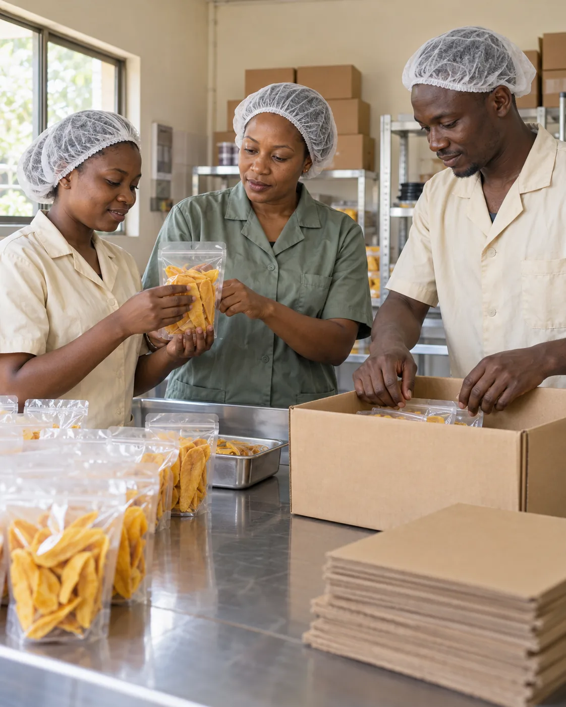 Trois personnes conditionnent et emballent des produits dans un atelier de production.